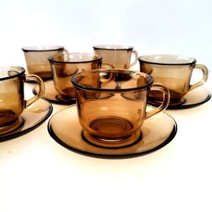 Vintage France Smokey Glass Espresso Coffee Cups & Saucers for 6 Tawny Brown